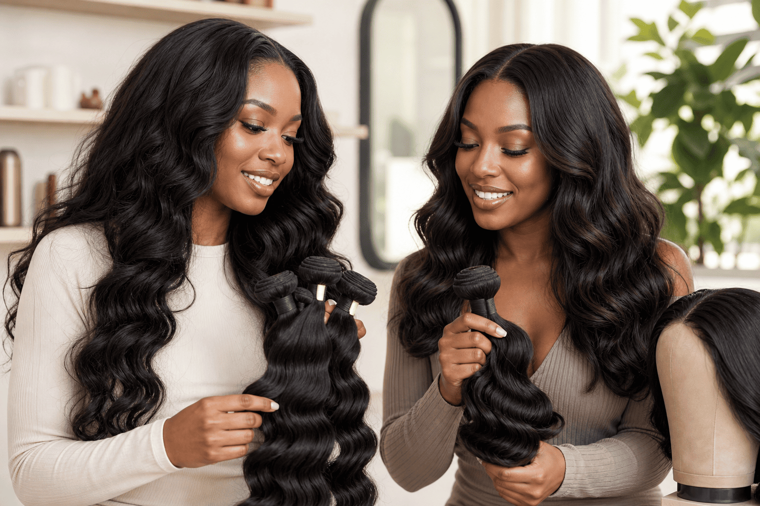 Two women comparing Brazilian and Peruvian human hair bundles for weaves