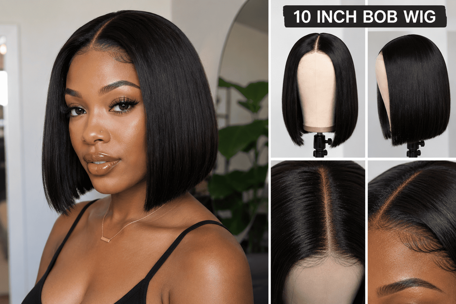 Black woman wearing a sleek 10 inch bob wig 