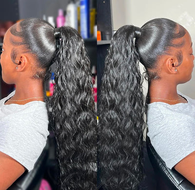 Human Hair 3D Sleeve Drawstring Water Curly Ponytail Extension 24 Inch