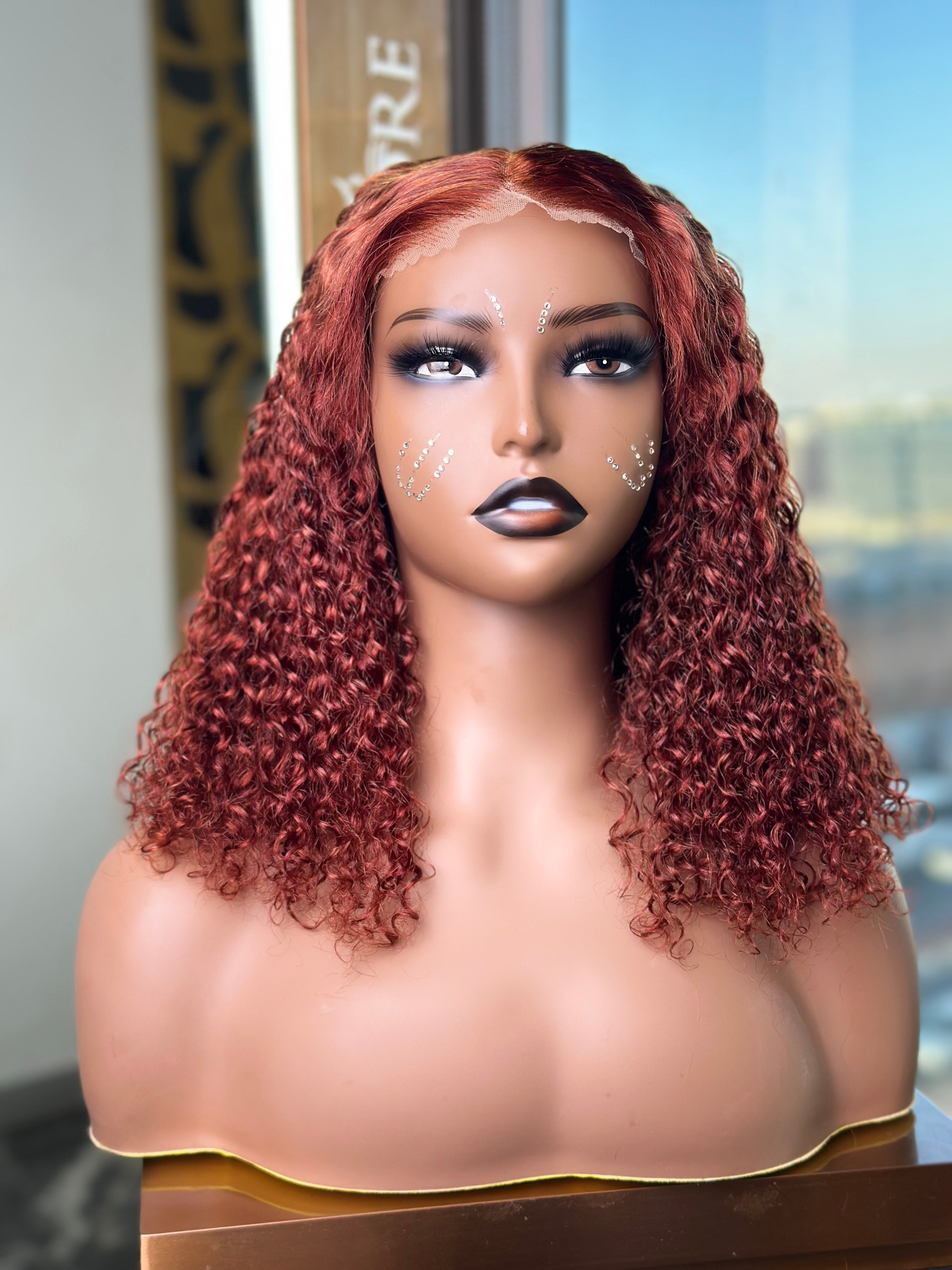 Reddish Brown Glueless Front Curly 14 Inch Wig With 7 X 6 Lace