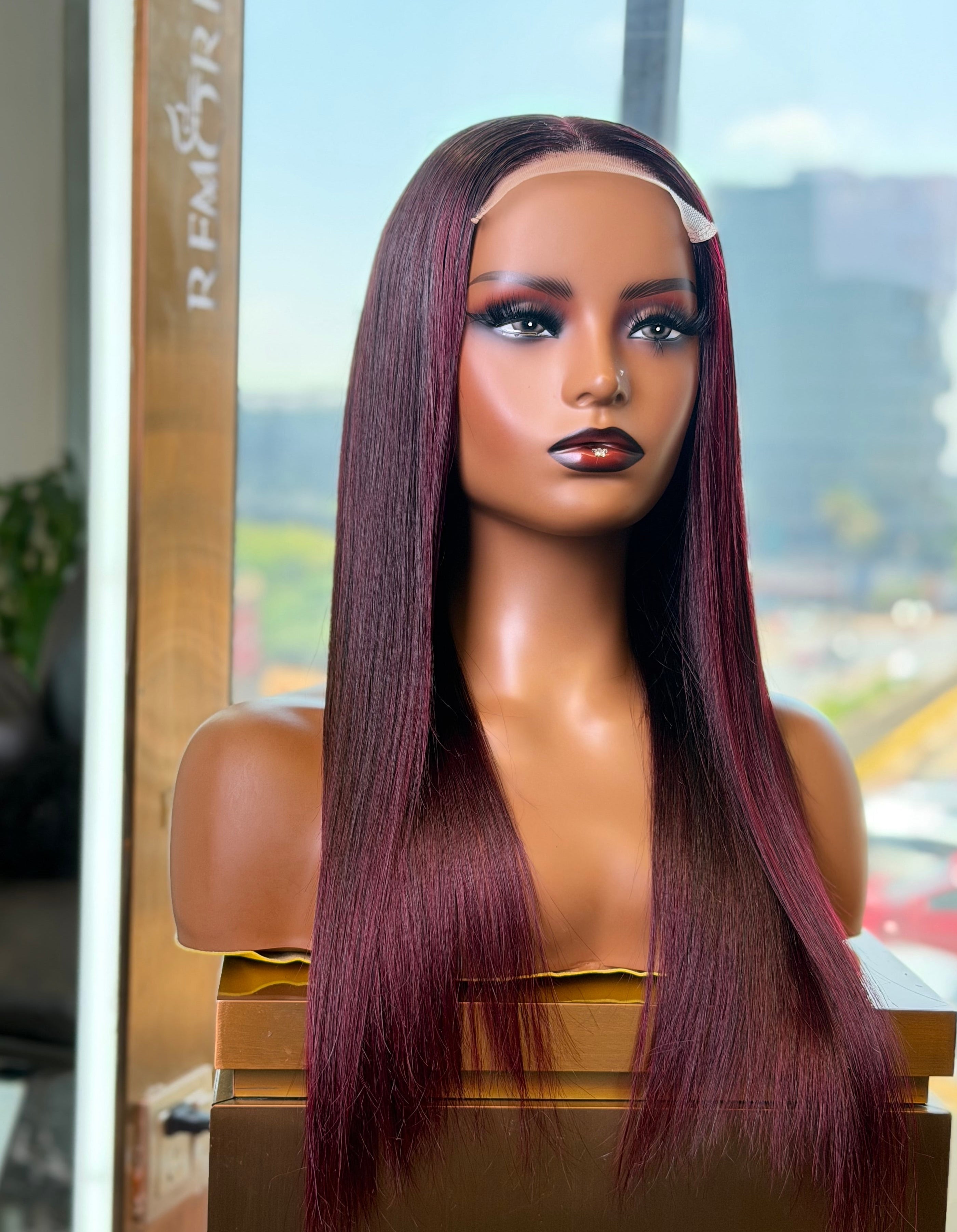 Wear And Go Burgundy Colour Straight 18 Inch Wig