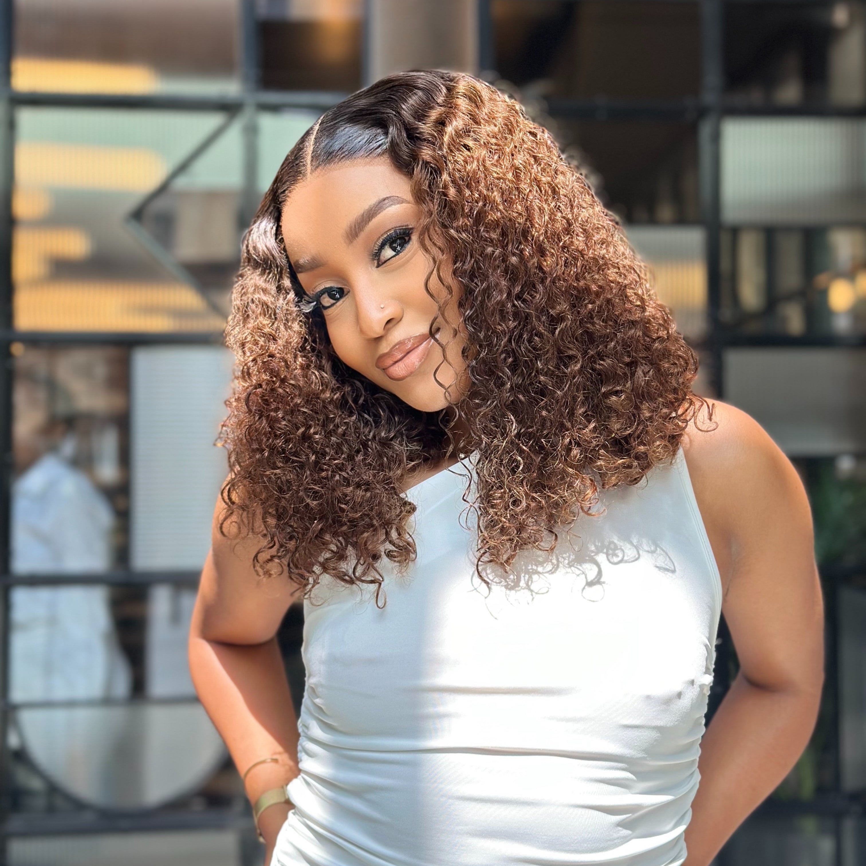 Warm Brown Water Curly BobWear And Go 14 Inch Wig