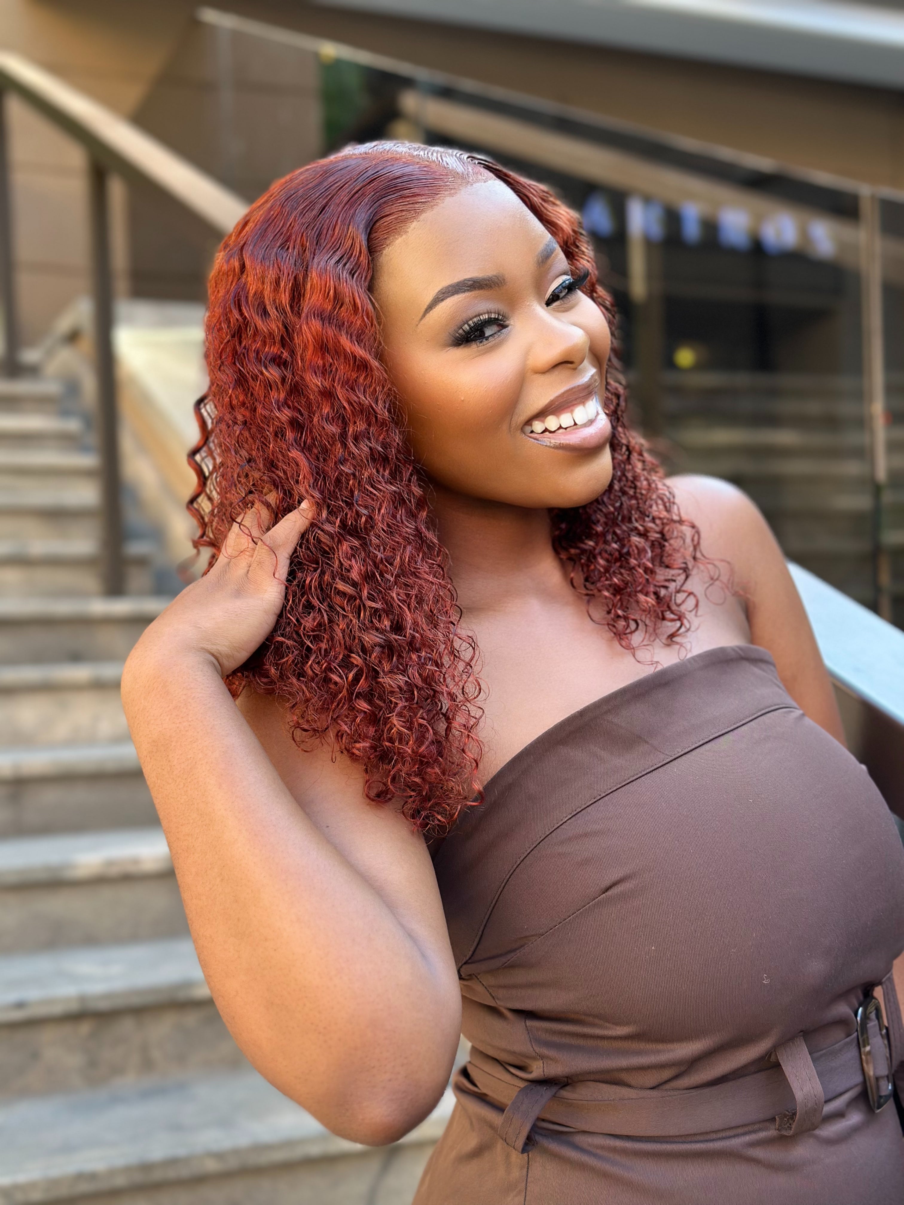 Reddish Brown Glueless Front Curly 14 Inch Wig With 7 X 6 Lace