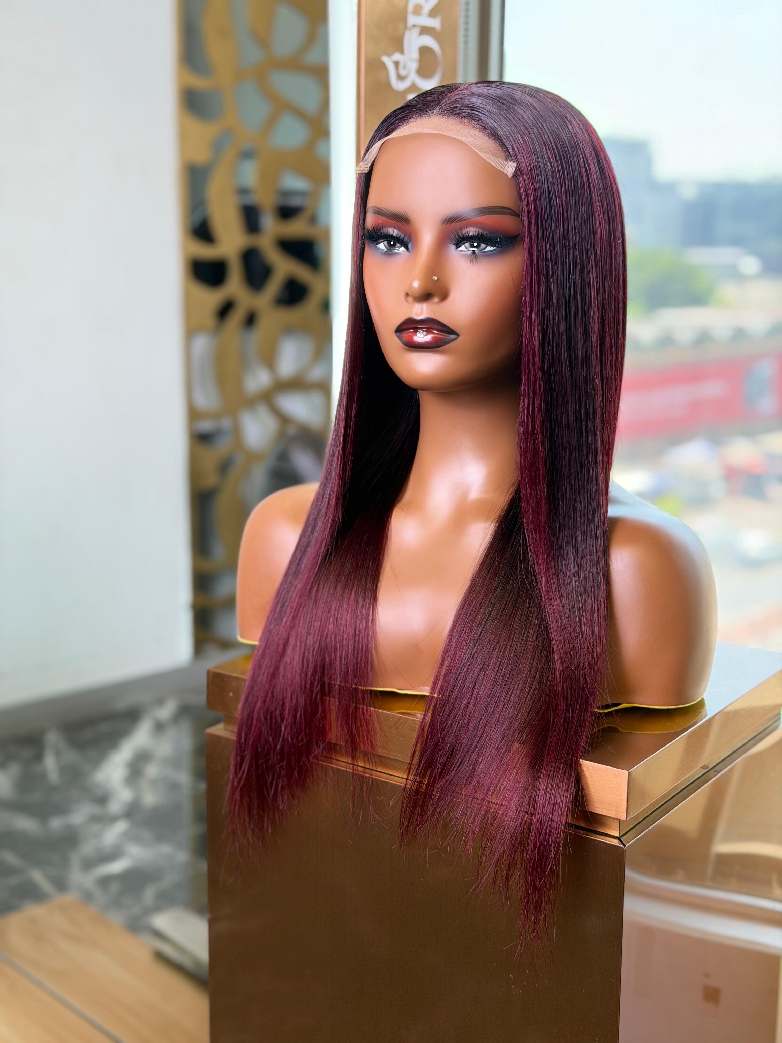 Wear And Go Burgundy Colour Straight 18 Inch Wig