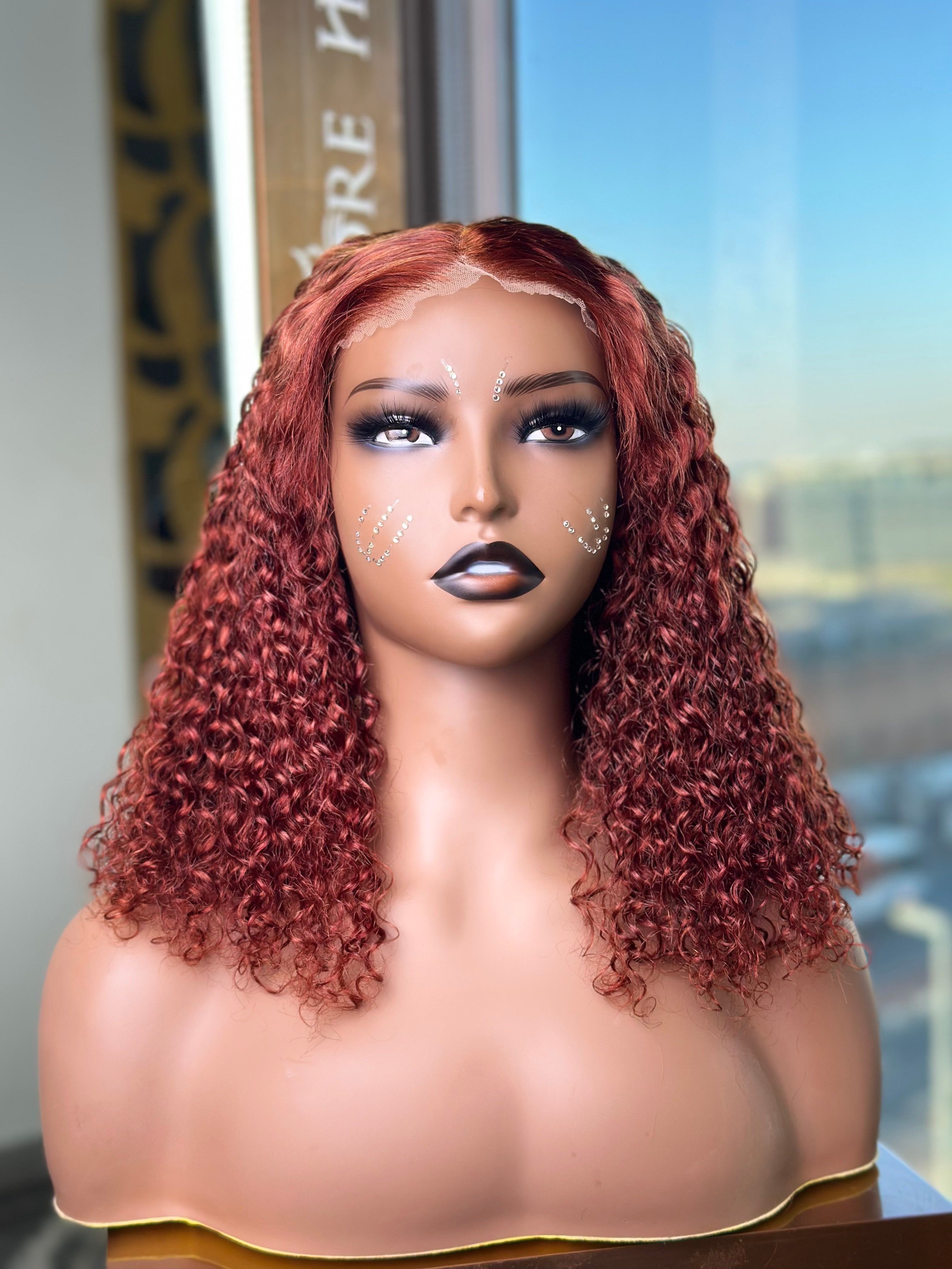 Reddish Brown Glueless Front Curly 14 Inch Wig With 7 X 6 Lace