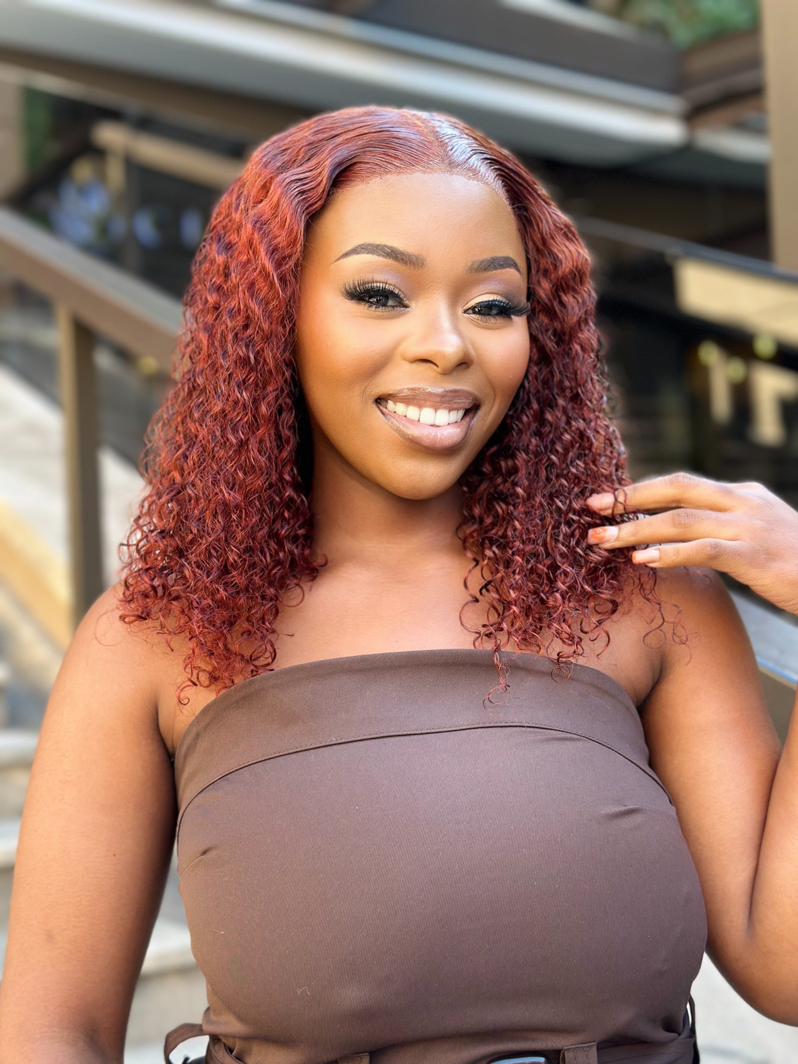 Reddish Brown Glueless Front Curly 14 Inch Wig With 7 X 6 Lace