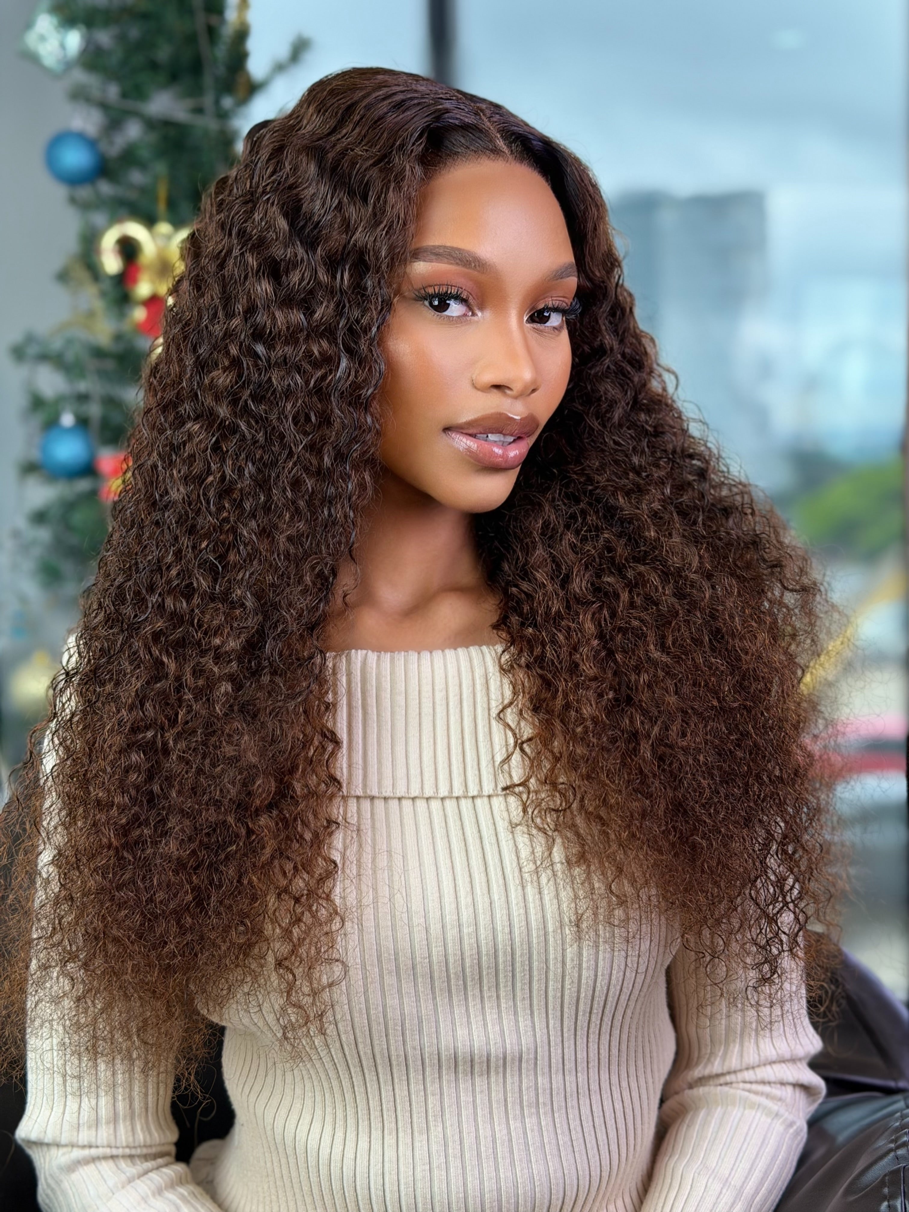 Double Drawn Brown Glueless Curly With 5 X 5 Lace 22 Inch Wig