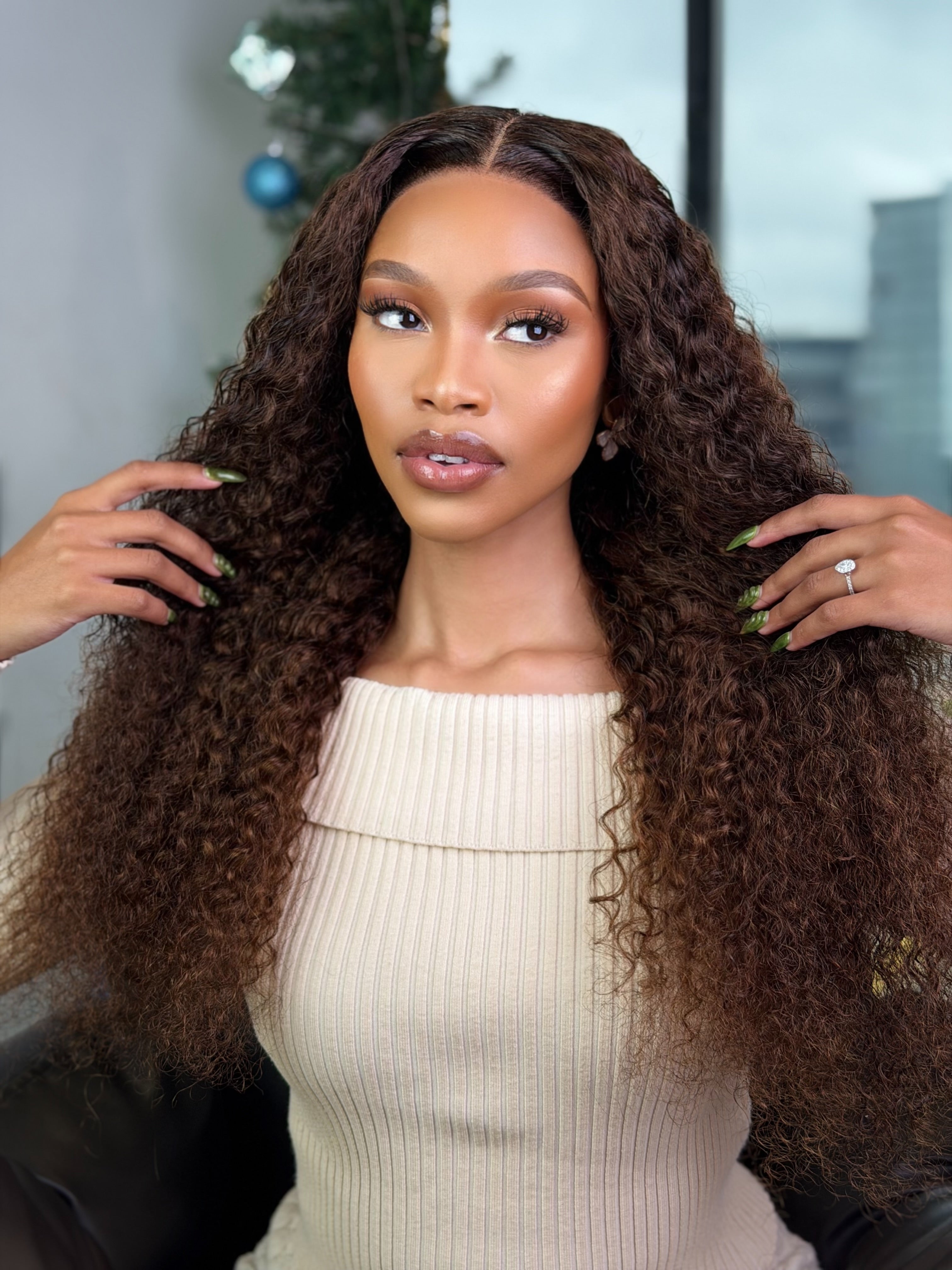Double Drawn Brown Glueless Curly With 5 X 5 Lace 22 Inch Wig