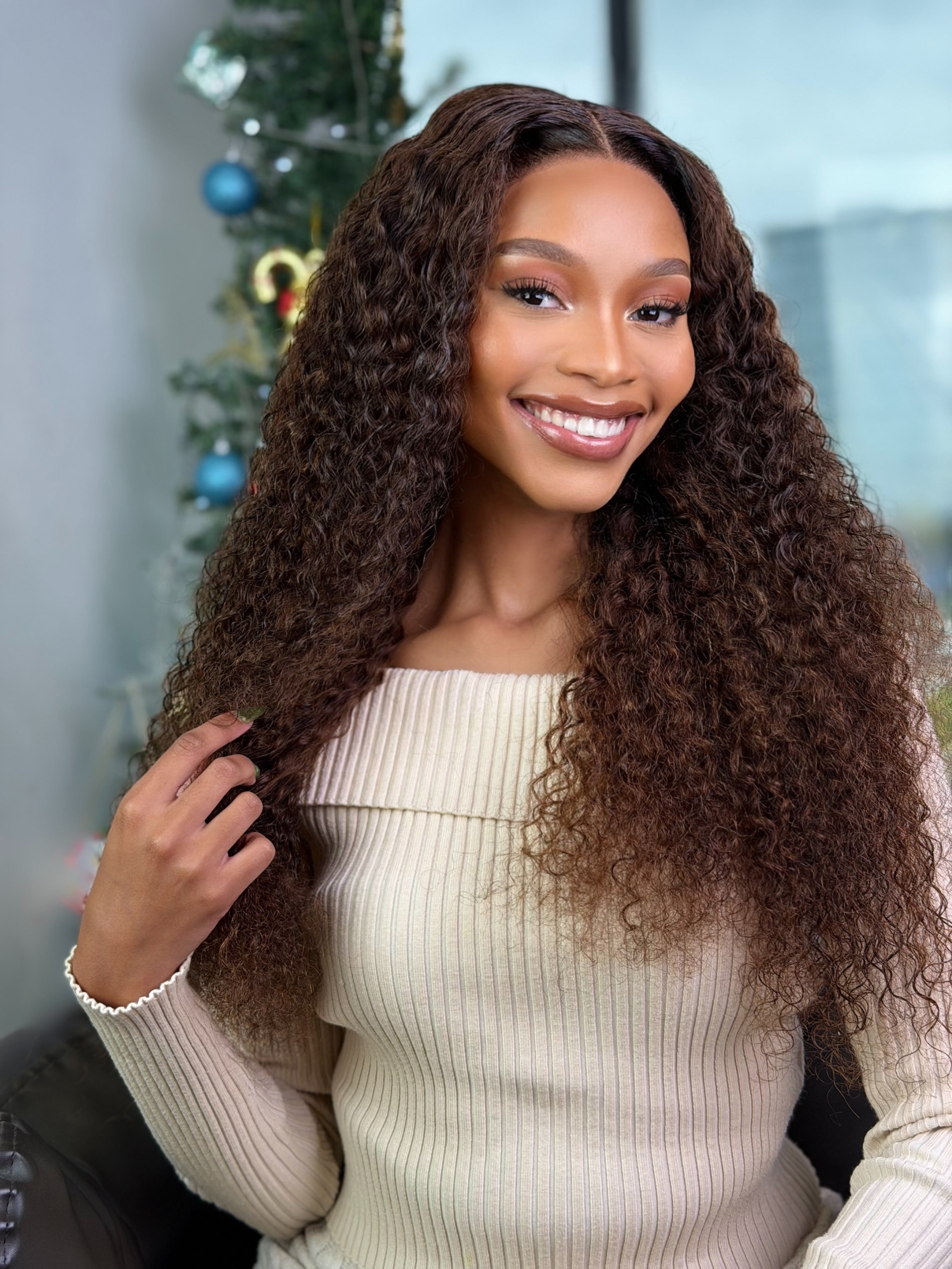 Double Drawn Brown Glueless Curly With 5 X 5 Lace 22 Inch Wig