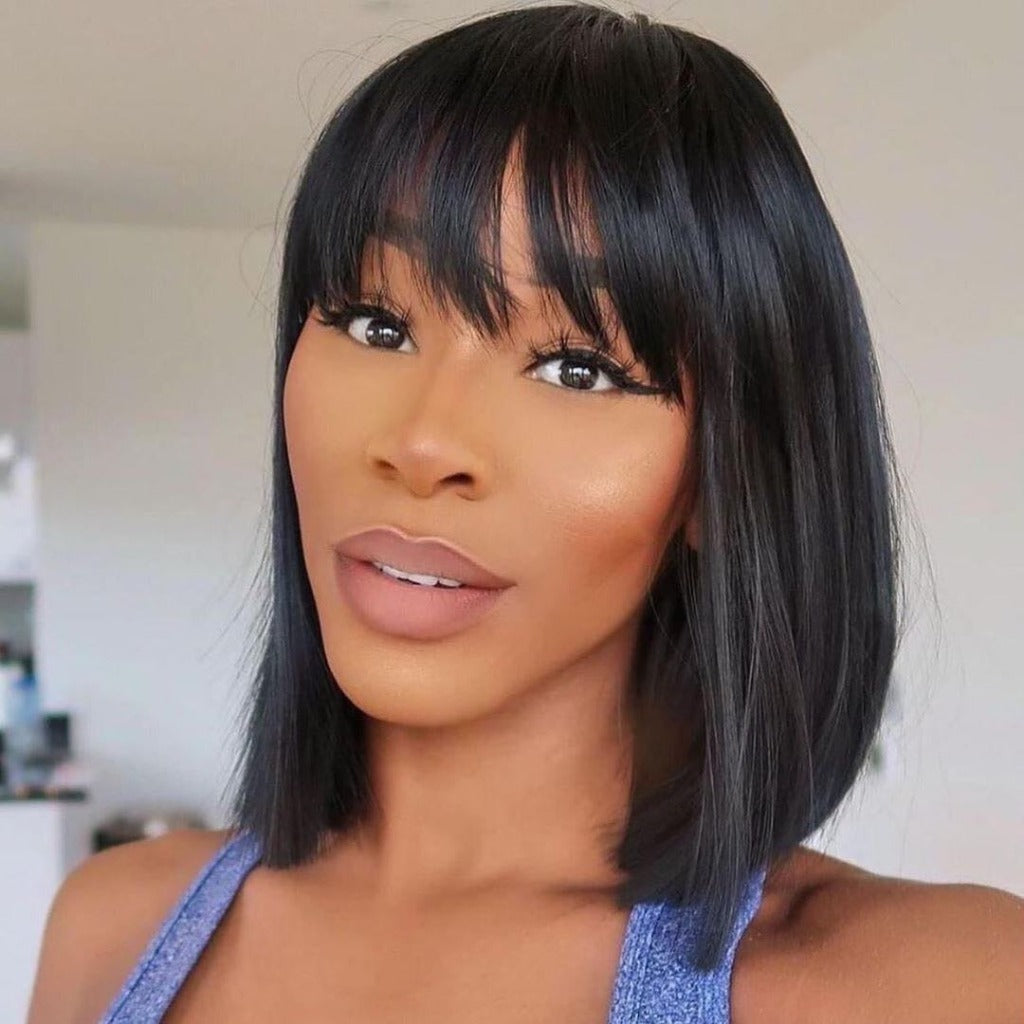 Natural Human Hair Fringe Bob Wig 14Inch Remorehair